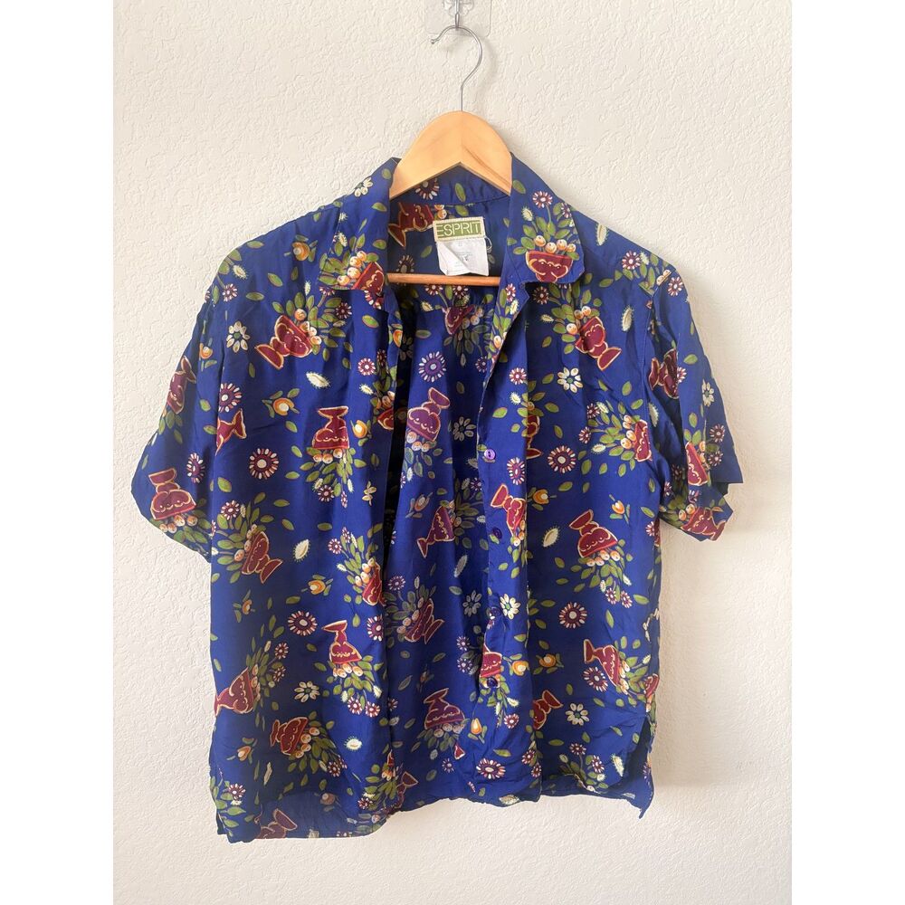 ESPRIT Vintage 80/90's Button Down Blouse, Blue Floral Pattern, Small